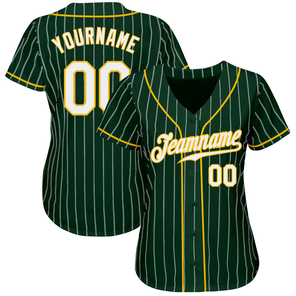 Custom Green White Pinstripe White-Gold Authentic Baseball Jersey view 3