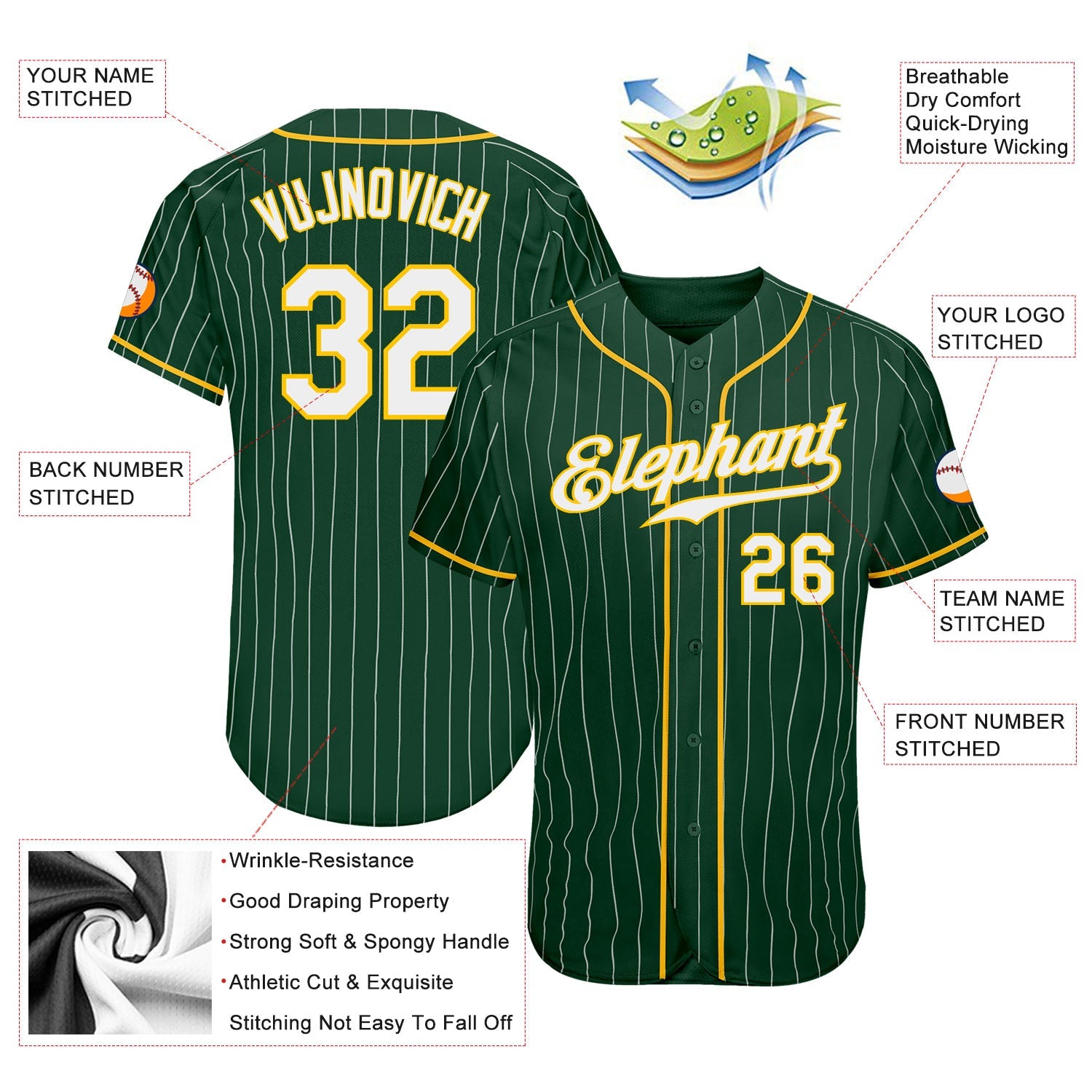 Custom Green White Pinstripe White-Gold Authentic Baseball Jersey view 4