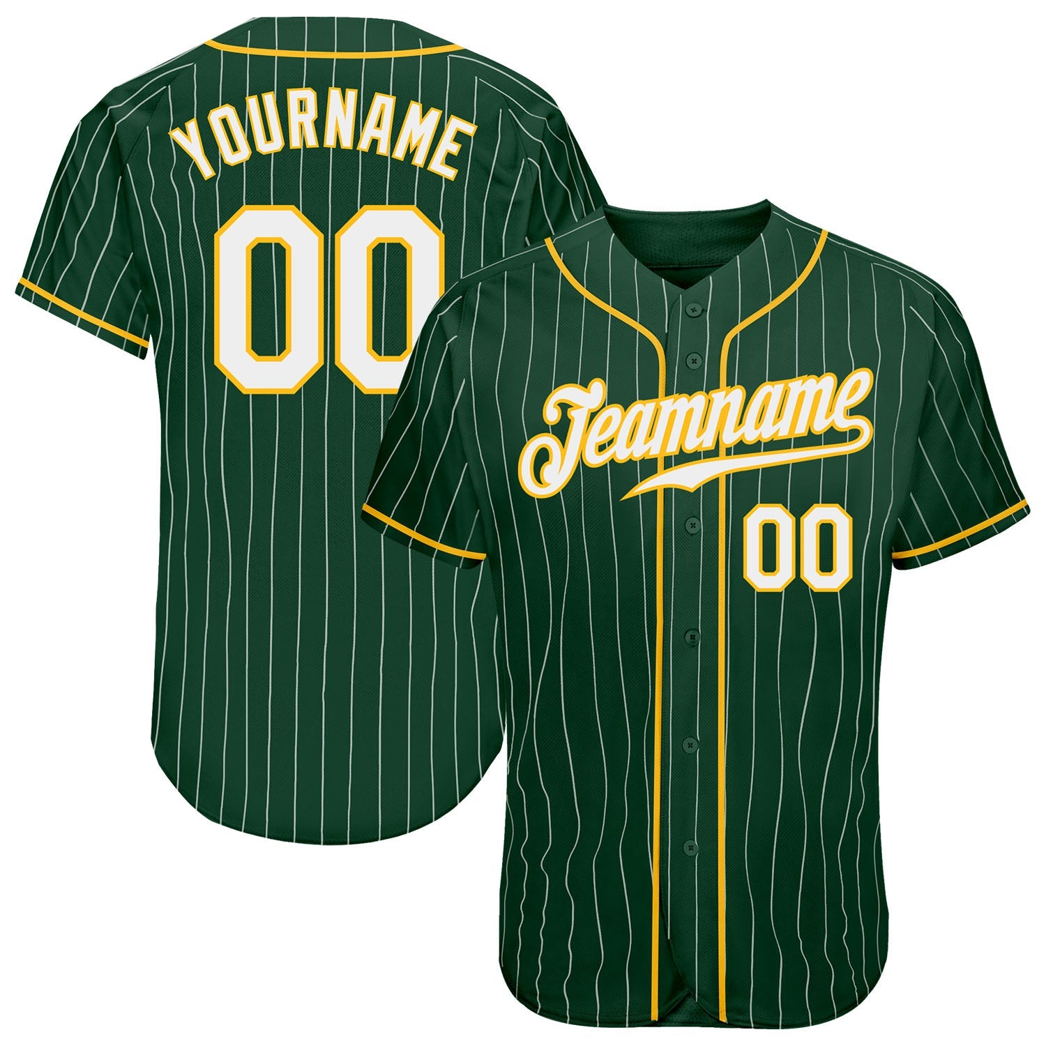 Custom Green White Pinstripe White-Gold Authentic Baseball Jersey - Main View