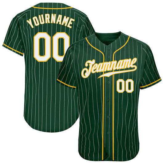 Custom Green White Pinstripe White-Gold Authentic Baseball Jersey - Main View
