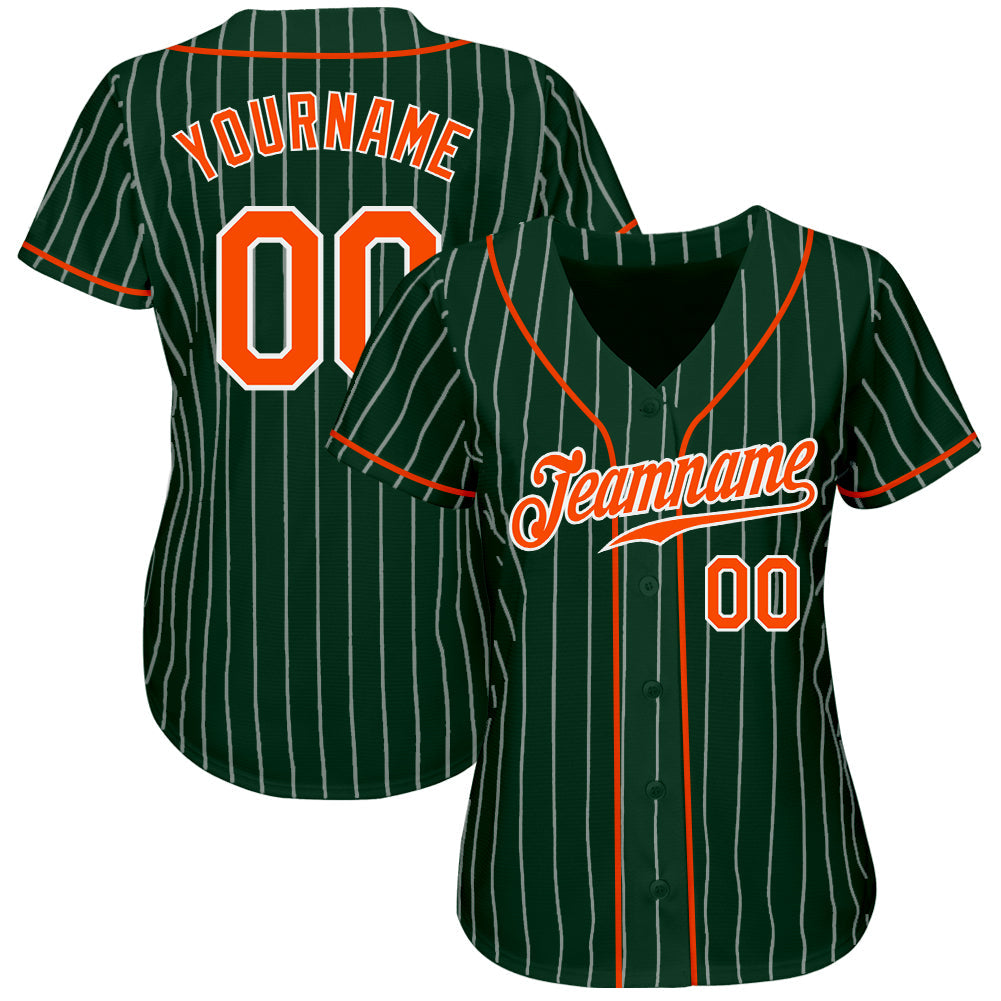 Custom Green White Pinstripe Orange-White Authentic Baseball Jersey view 2