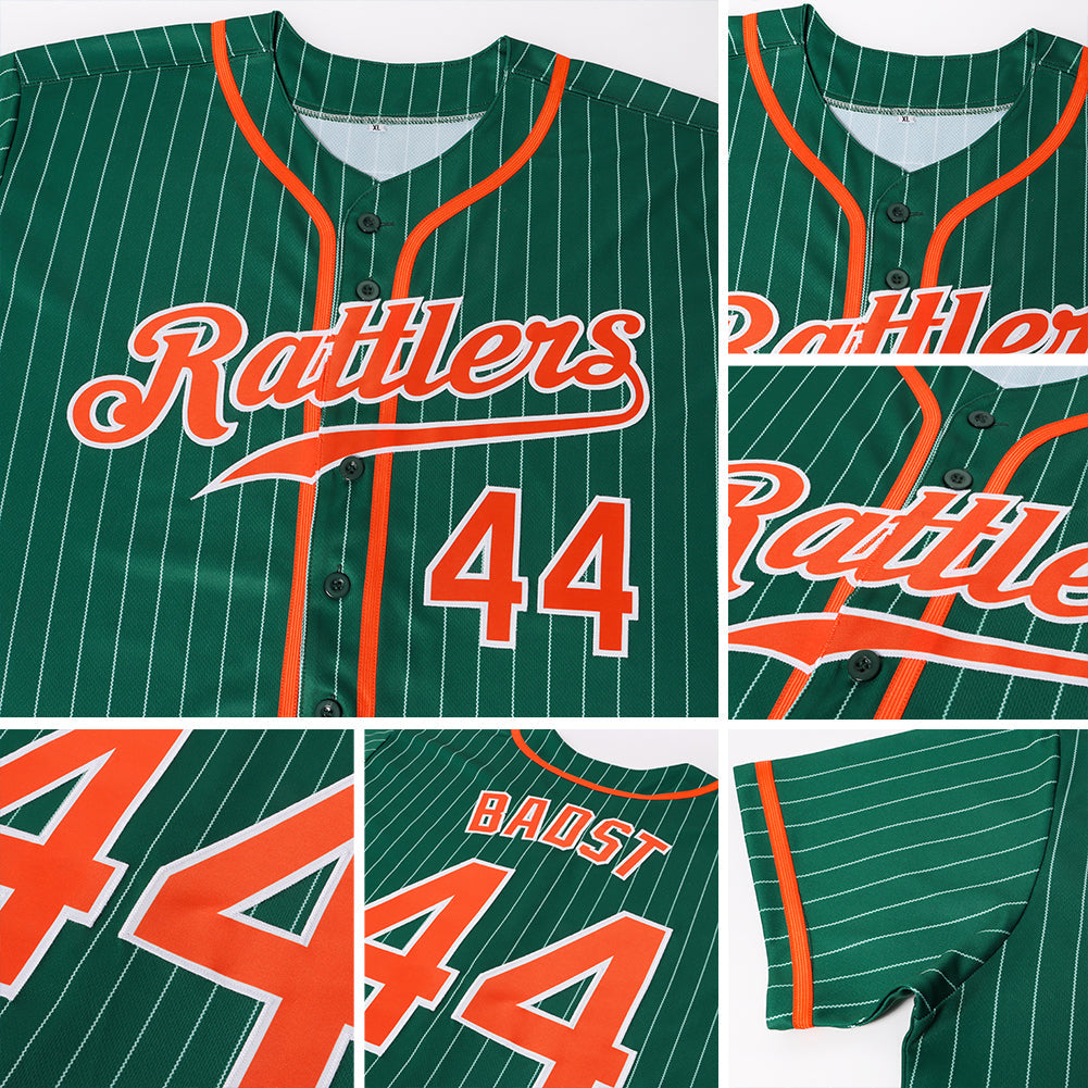 Custom Green White Pinstripe Orange-White Authentic Baseball Jersey view 6
