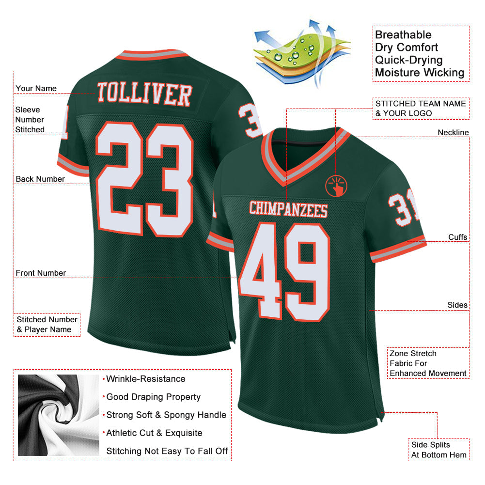 Custom Green White-Orange Mesh Authentic Throwback Football Jersey view 2