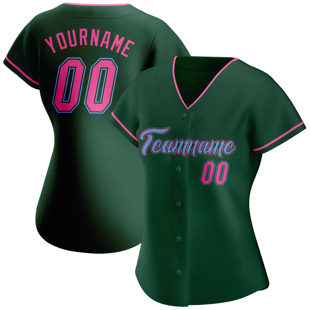 Custom Green Pink-Light Blue Authentic Baseball Jersey view 2