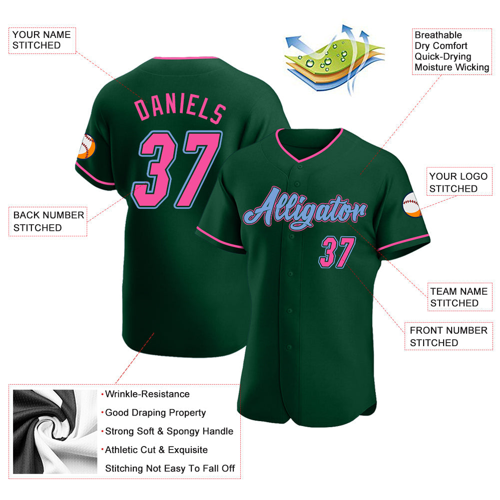 Custom Green Pink-Light Blue Authentic Baseball Jersey view 3