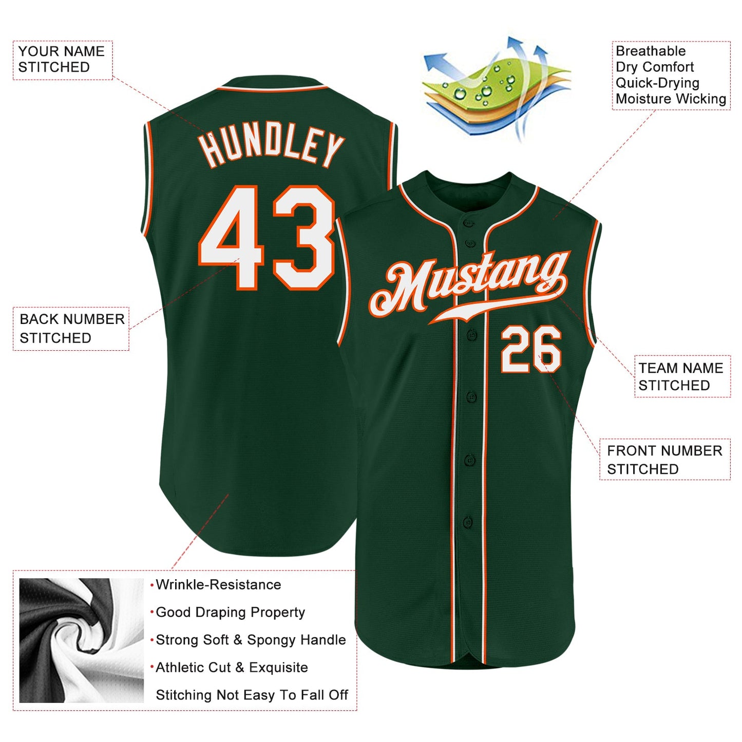 Custom Green White-Orange Authentic Sleeveless Baseball Jersey view 2