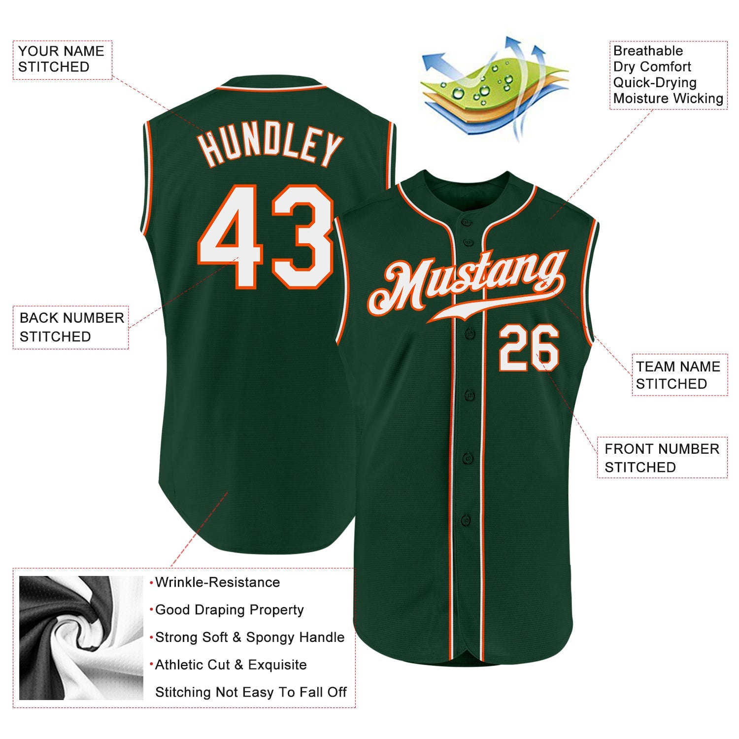 Custom Green White-Orange Authentic Sleeveless Baseball Jersey view 2