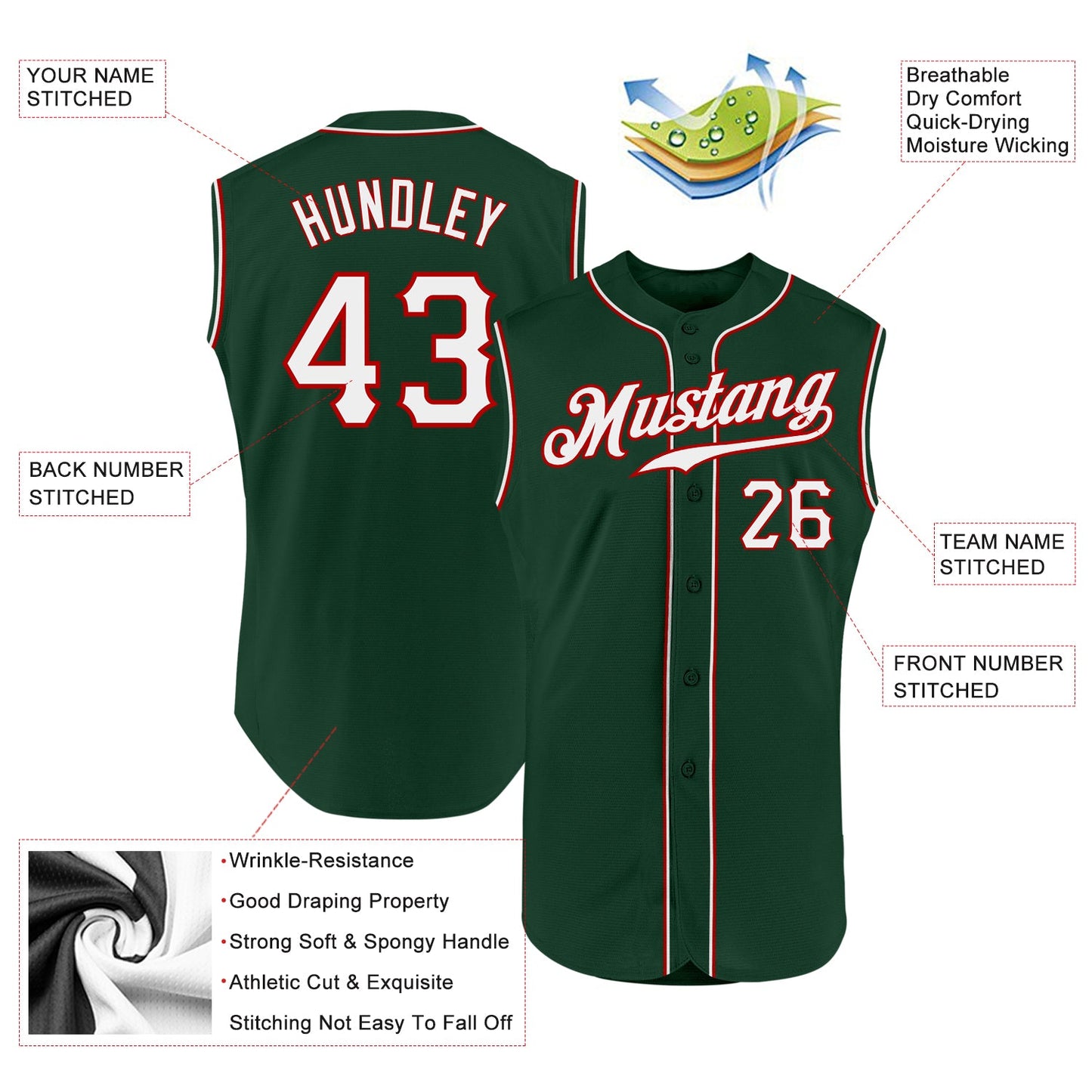 Custom Green White-Red Authentic Sleeveless Baseball Jersey view 2