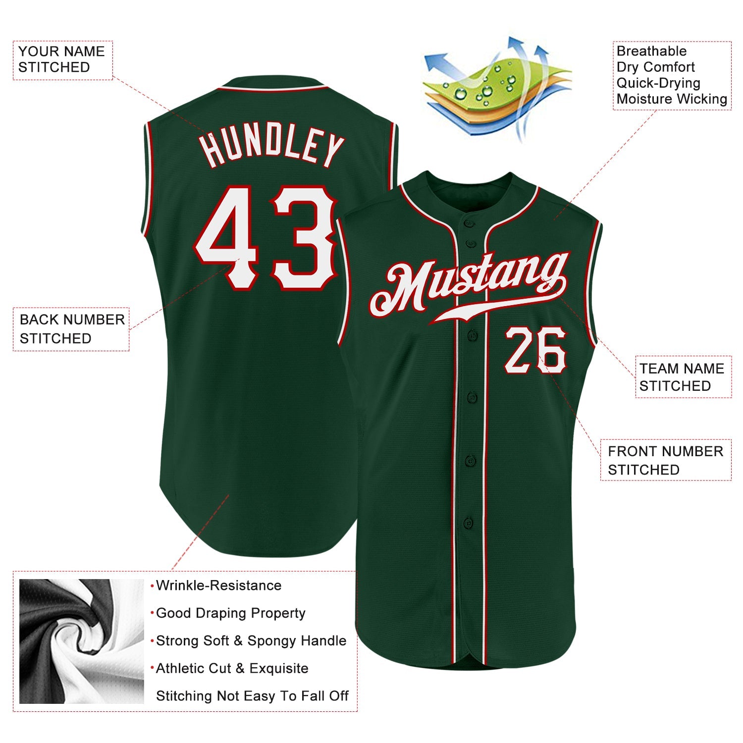 Custom Green White-Red Authentic Sleeveless Baseball Jersey view 2