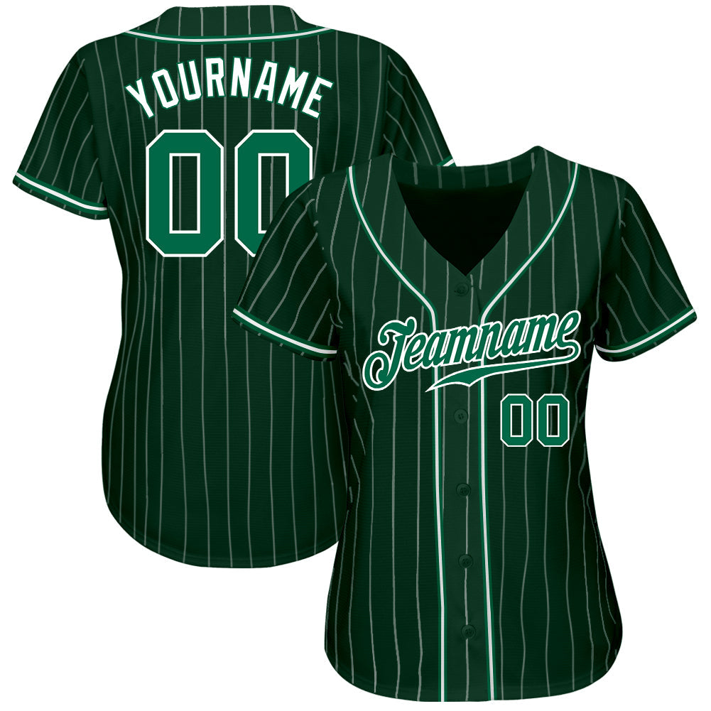 Custom Green White Pinstripe Kelly Green-White Authentic Baseball Jersey view 2