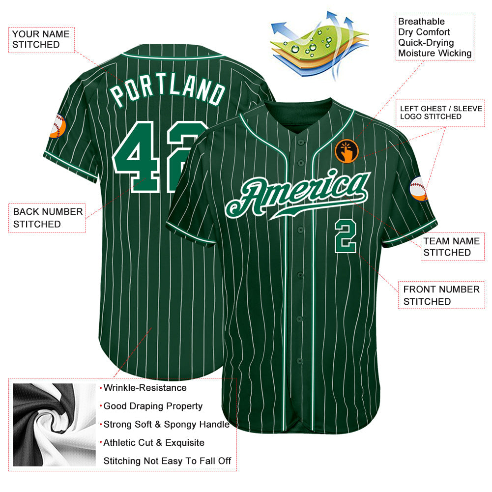 Custom Green White Pinstripe Kelly Green-White Authentic Baseball Jersey view 3