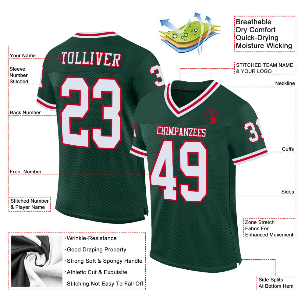 Custom Green White-Red Mesh Authentic Throwback Football Jersey view 2