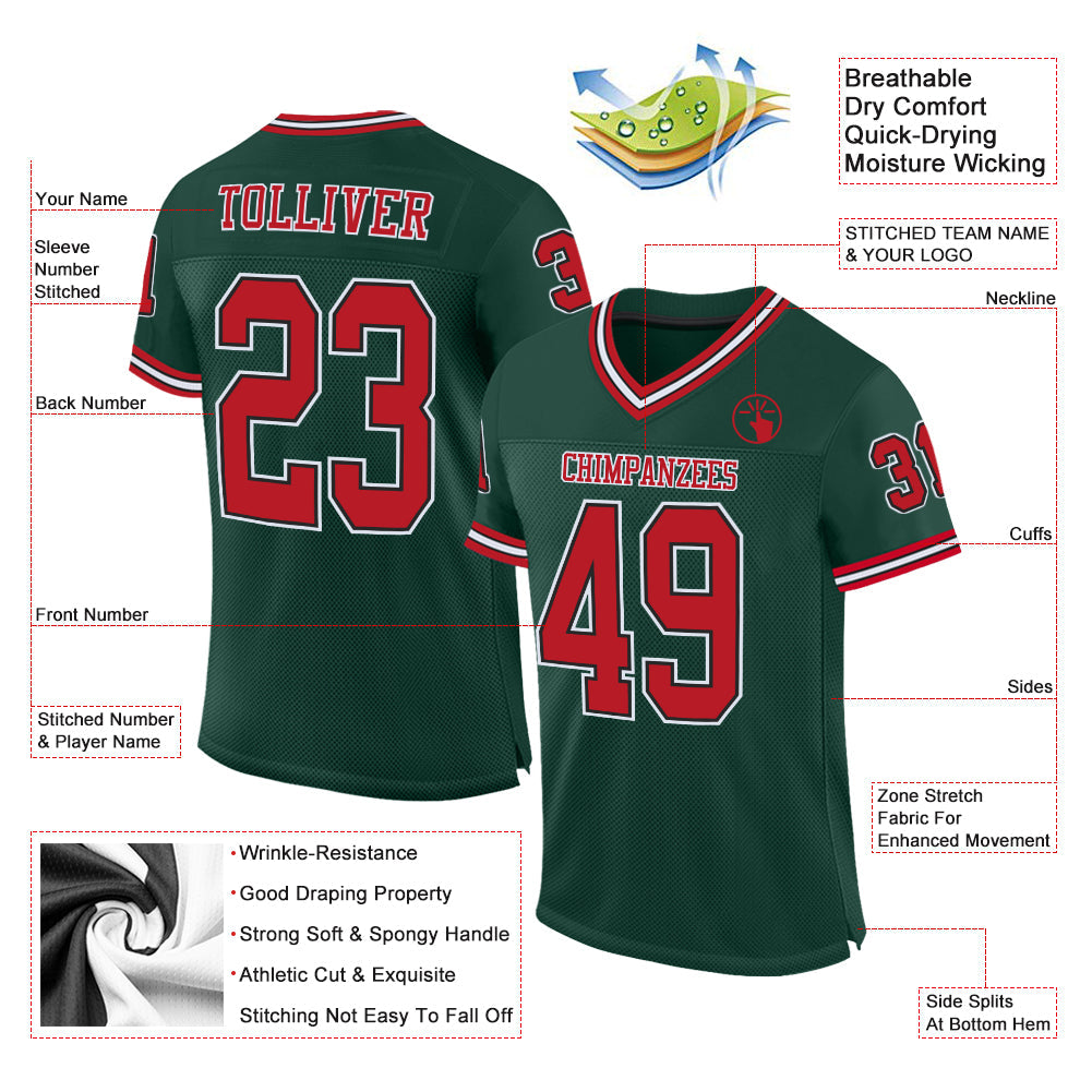 Custom Green Red-Black Mesh Authentic Throwback Football Jersey view 3