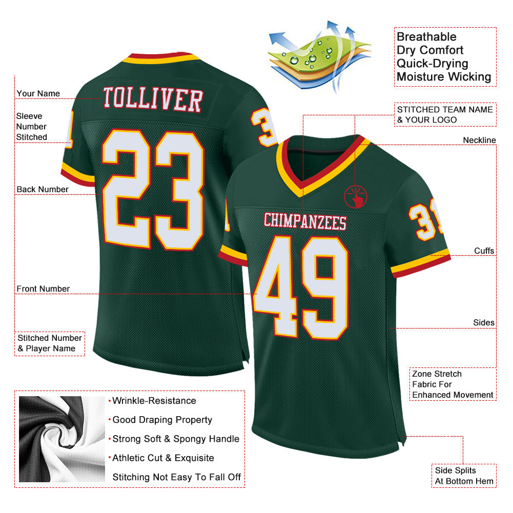 Custom Green White-Red Mesh Authentic Throwback Football Jersey view 2