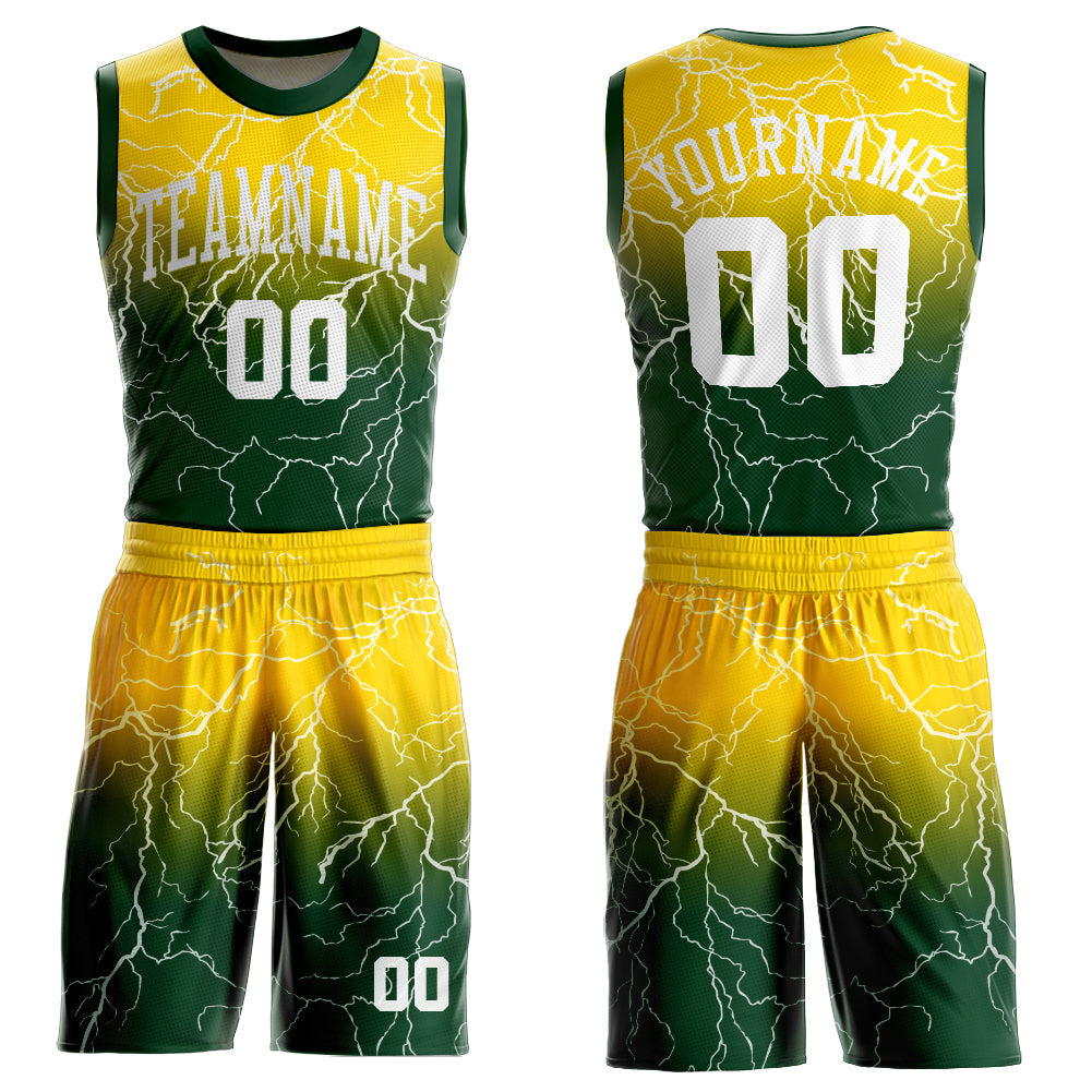 Custom Green White-Gold Round Neck Sublimation Basketball Uniform Jersey - Main View