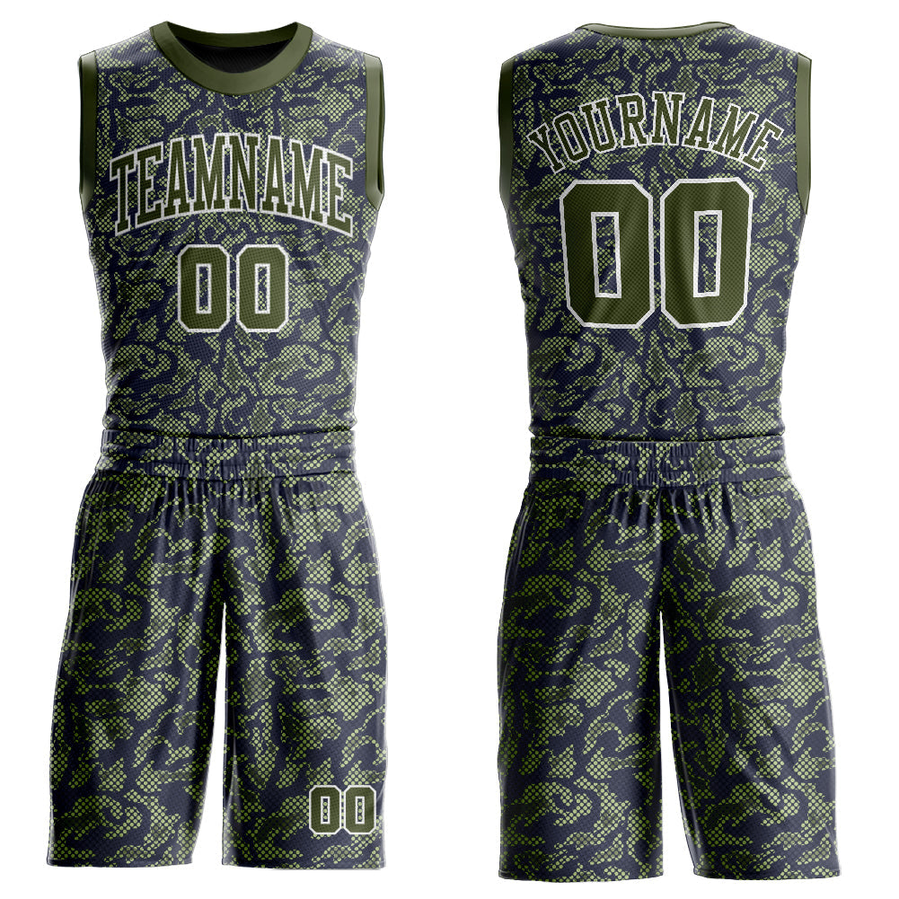 Custom Green Olive-Navy Round Neck Sublimation Basketball Uniform Jersey - Main View