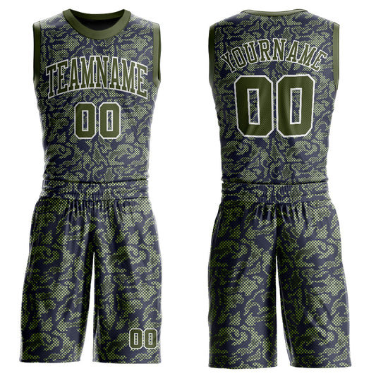 Custom Green Olive-Navy Round Neck Sublimation Basketball Uniform Jersey - Main View