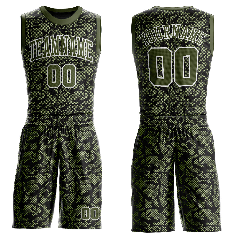 Custom Green Olive-Black Round Neck Sublimation Basketball Uniform Jersey - Main View