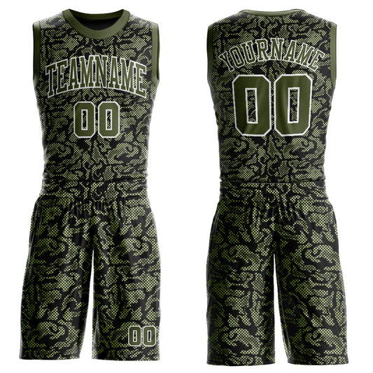 Custom Green Olive-Black Round Neck Sublimation Basketball Uniform Jersey - Main View
