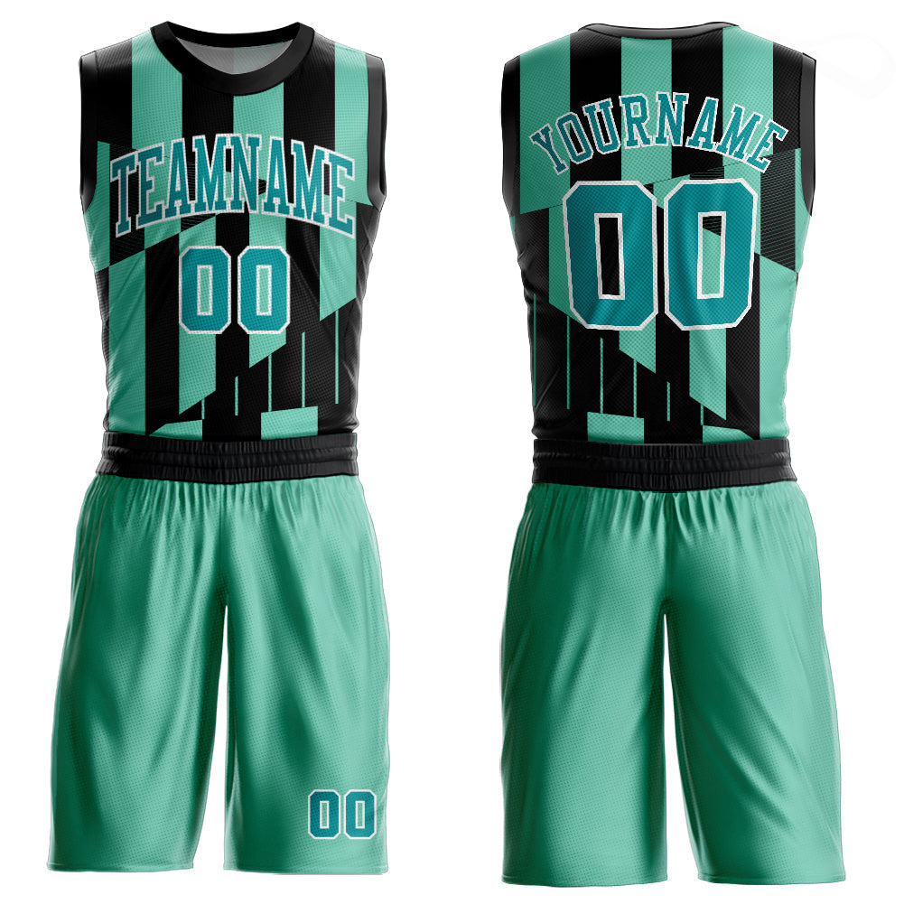 Custom Green Aqua-Black Round Neck Sublimation Basketball Uniform Jersey - Main View
