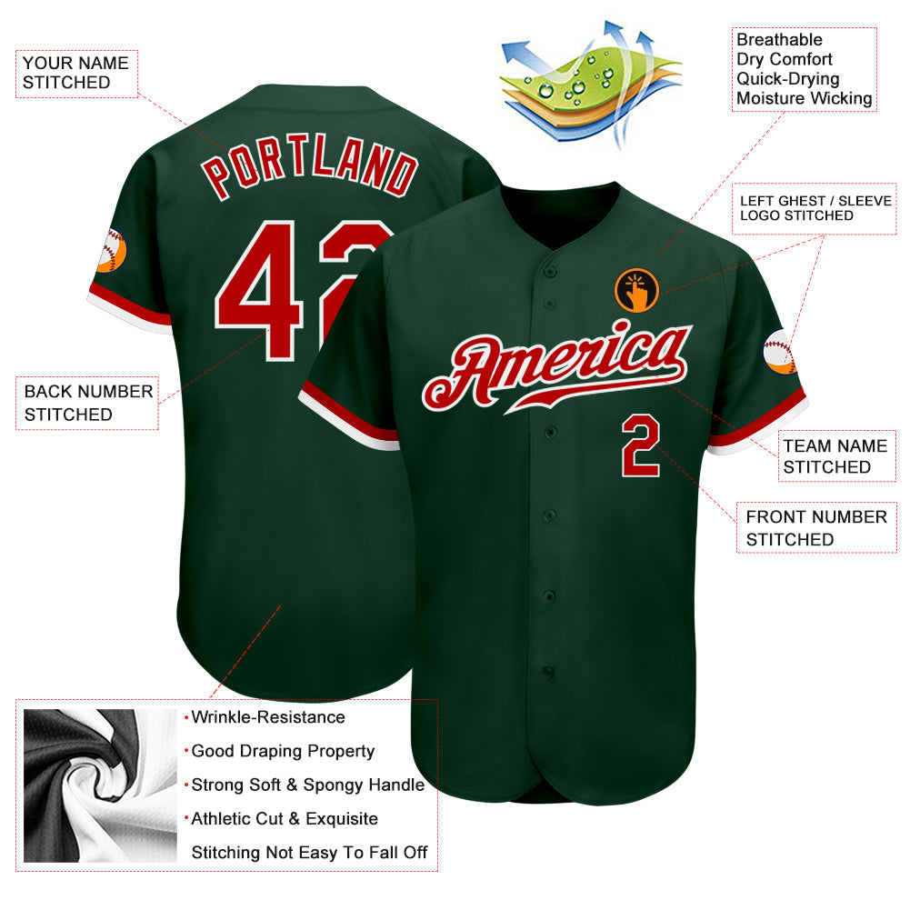 Custom Green Red-White Authentic Baseball Jersey view 3