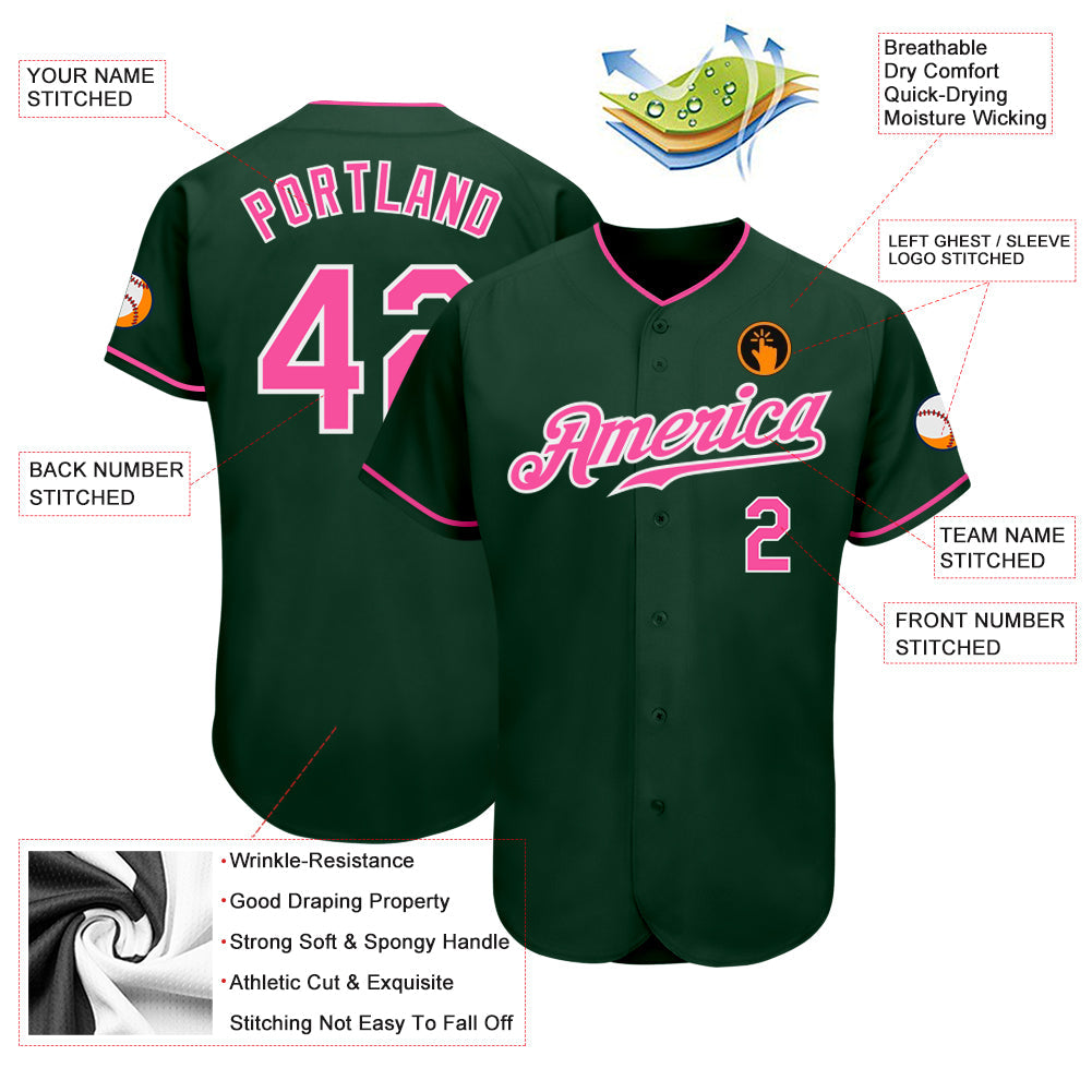 Custom Green Pink-White Authentic Baseball Jersey view 3