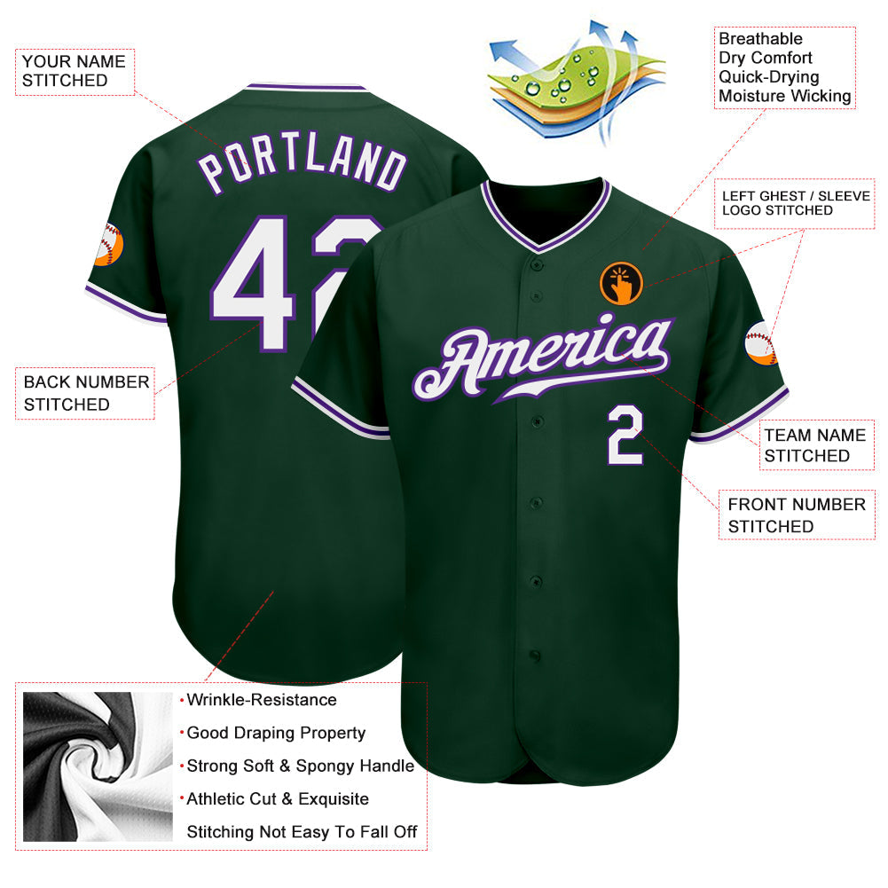 Custom Green White-Purple Authentic Baseball Jersey view 3