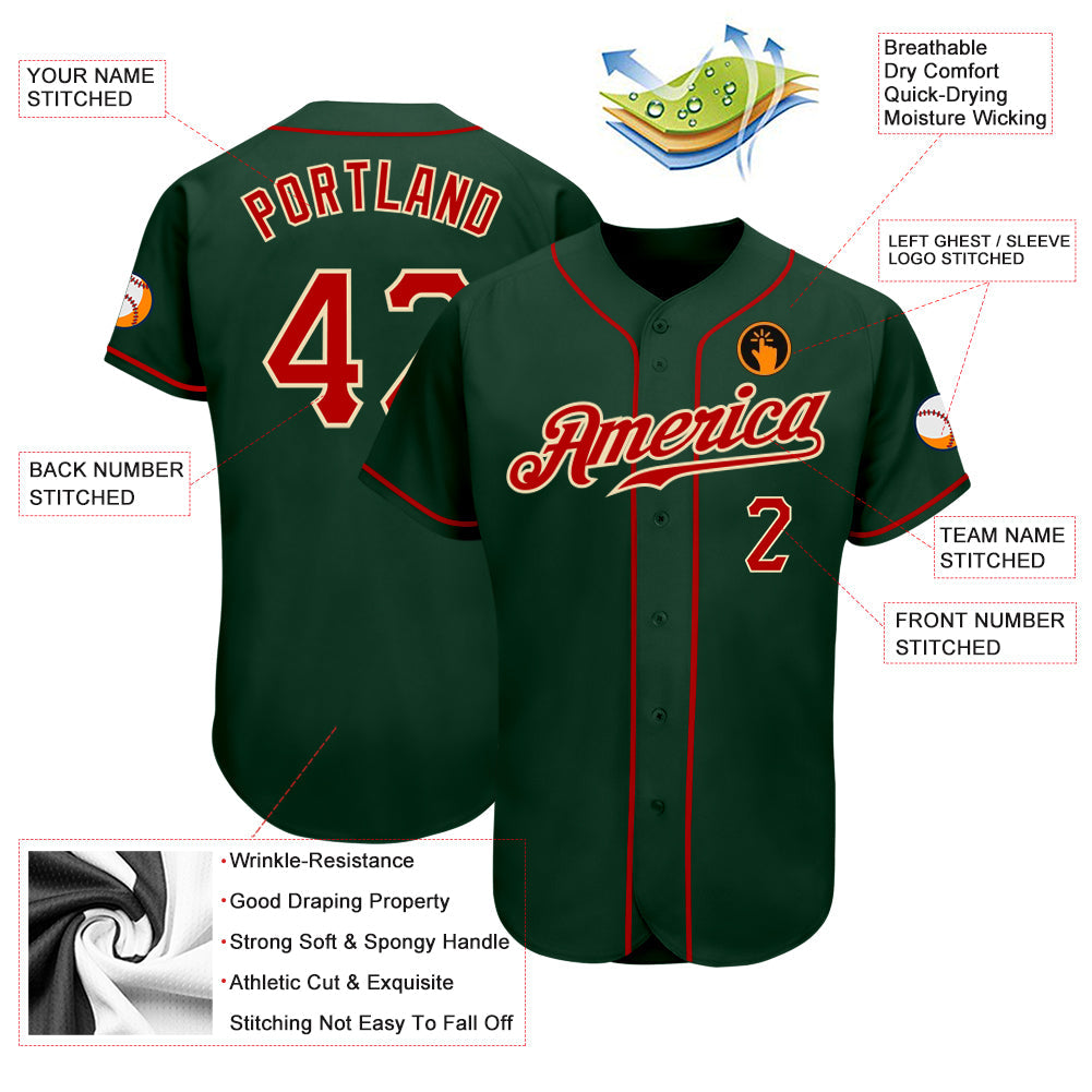 Custom Green Red-Cream Authentic Baseball Jersey view 3