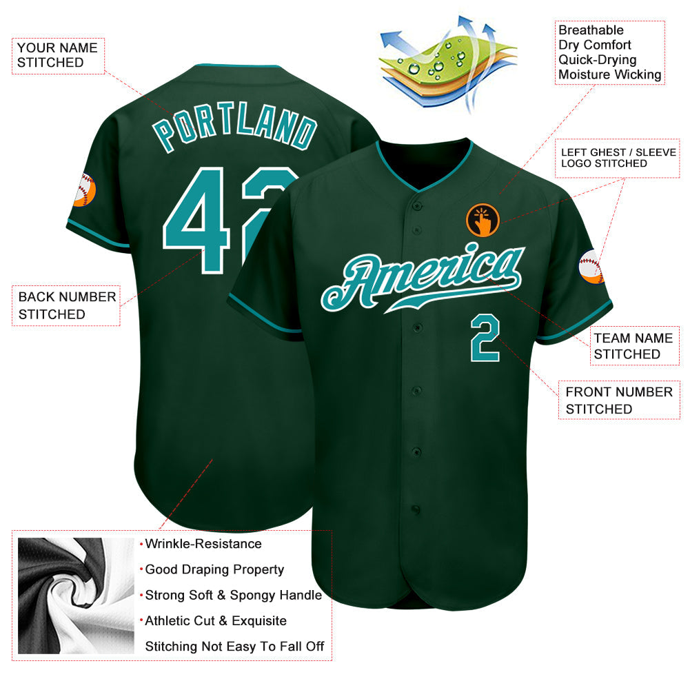 Custom Green Teal-White Authentic Baseball Jersey view 3