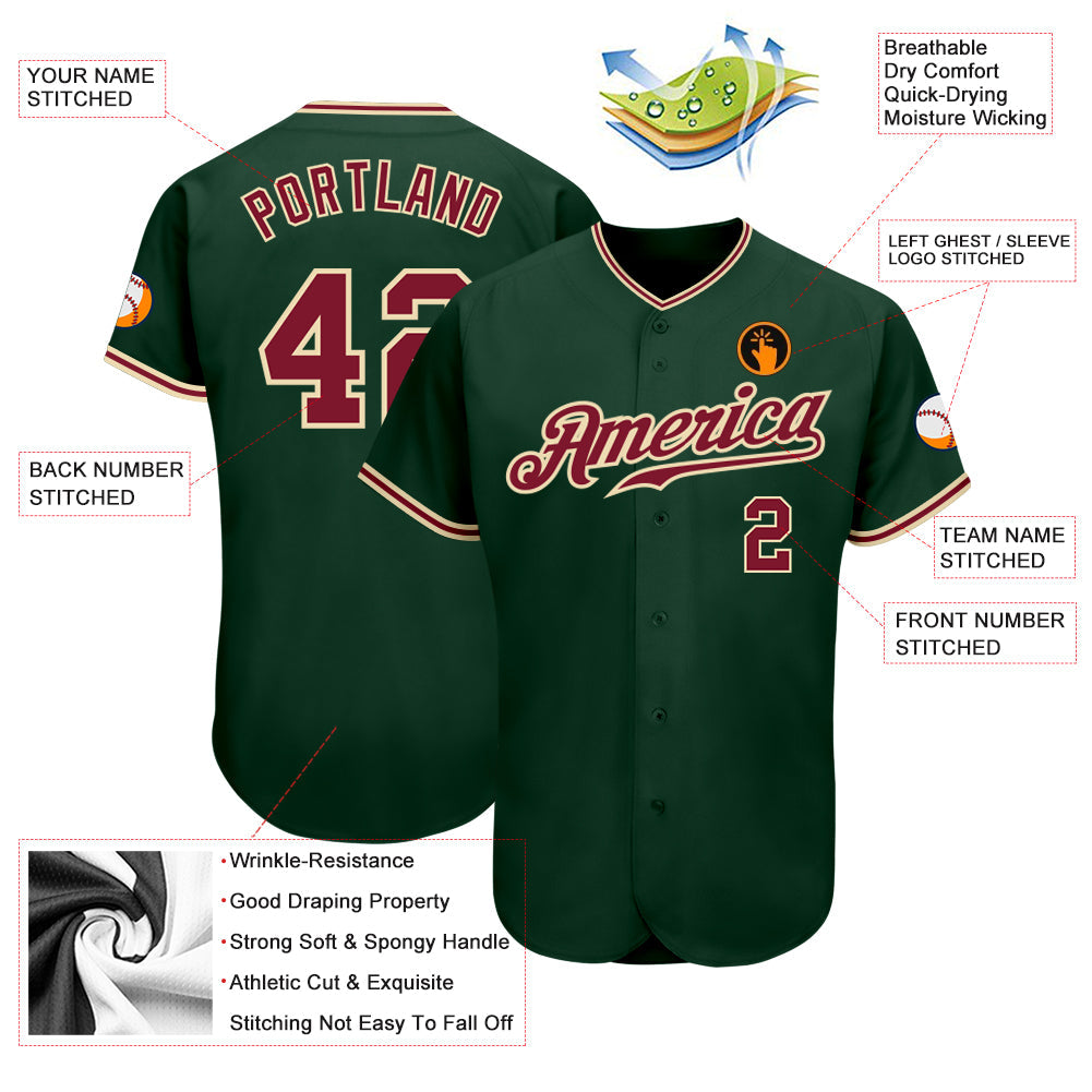 Custom Green Crimson-City Cream Authentic Baseball Jersey view 3