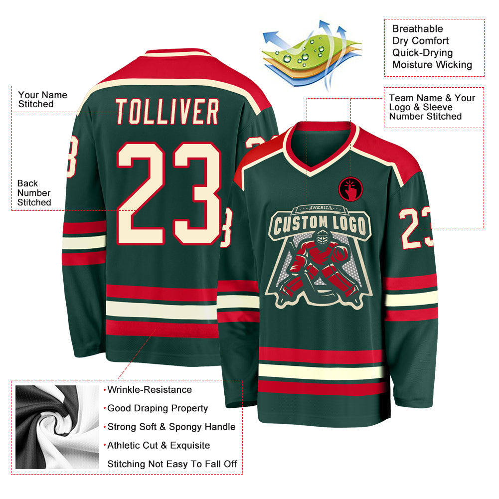 Custom Green Cream-Red Hockey Jersey view 3