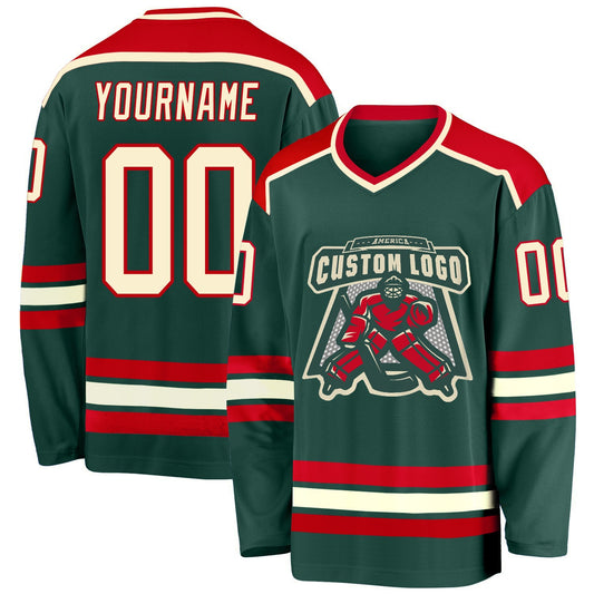 Custom Green Cream-Red Hockey Jersey - Main View