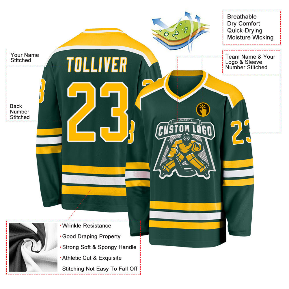 Custom Green Gold-White Hockey Jersey view 3