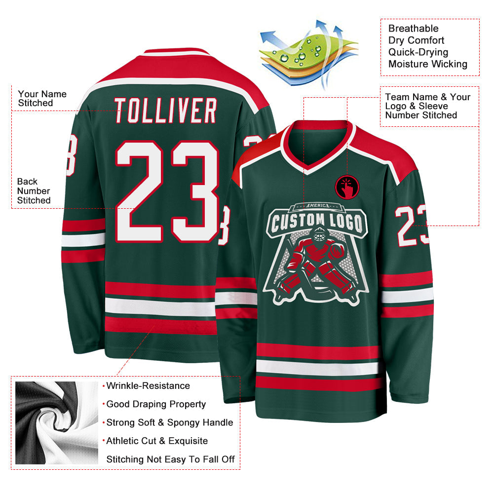 Custom Green White-Red Hockey Jersey view 3