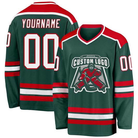 Custom Green White-Red Hockey Jersey - Main View