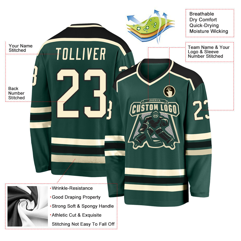 Custom Green Cream-Black Hockey Jersey view 3