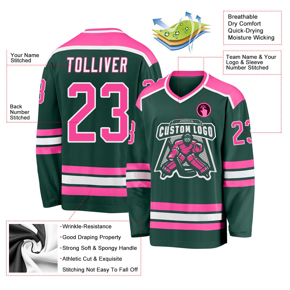 Custom Green Pink-White Hockey Jersey view 3