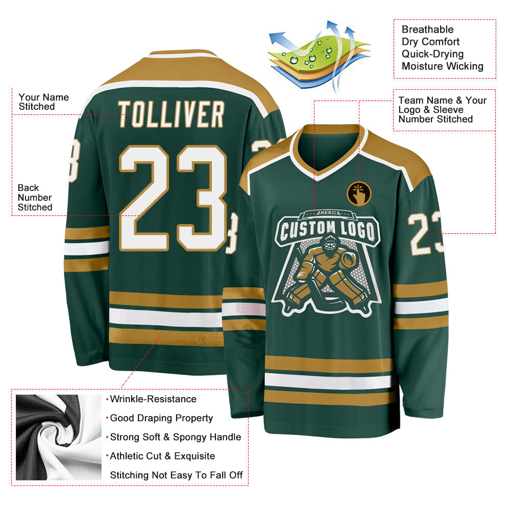 Custom Green White-Old Gold Hockey Jersey view 4