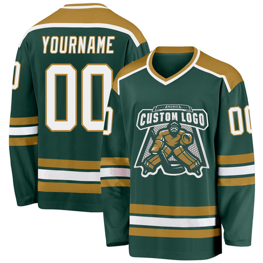 Custom Green White-Old Gold Hockey Jersey - Main View