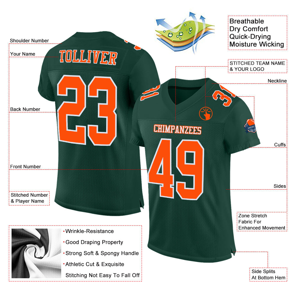 Custom Green Orange-White Mesh Authentic Football Jersey view 2