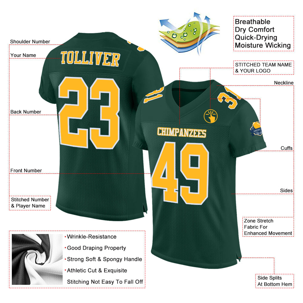 Custom Green Gold-White Mesh Authentic Football Jersey view 2
