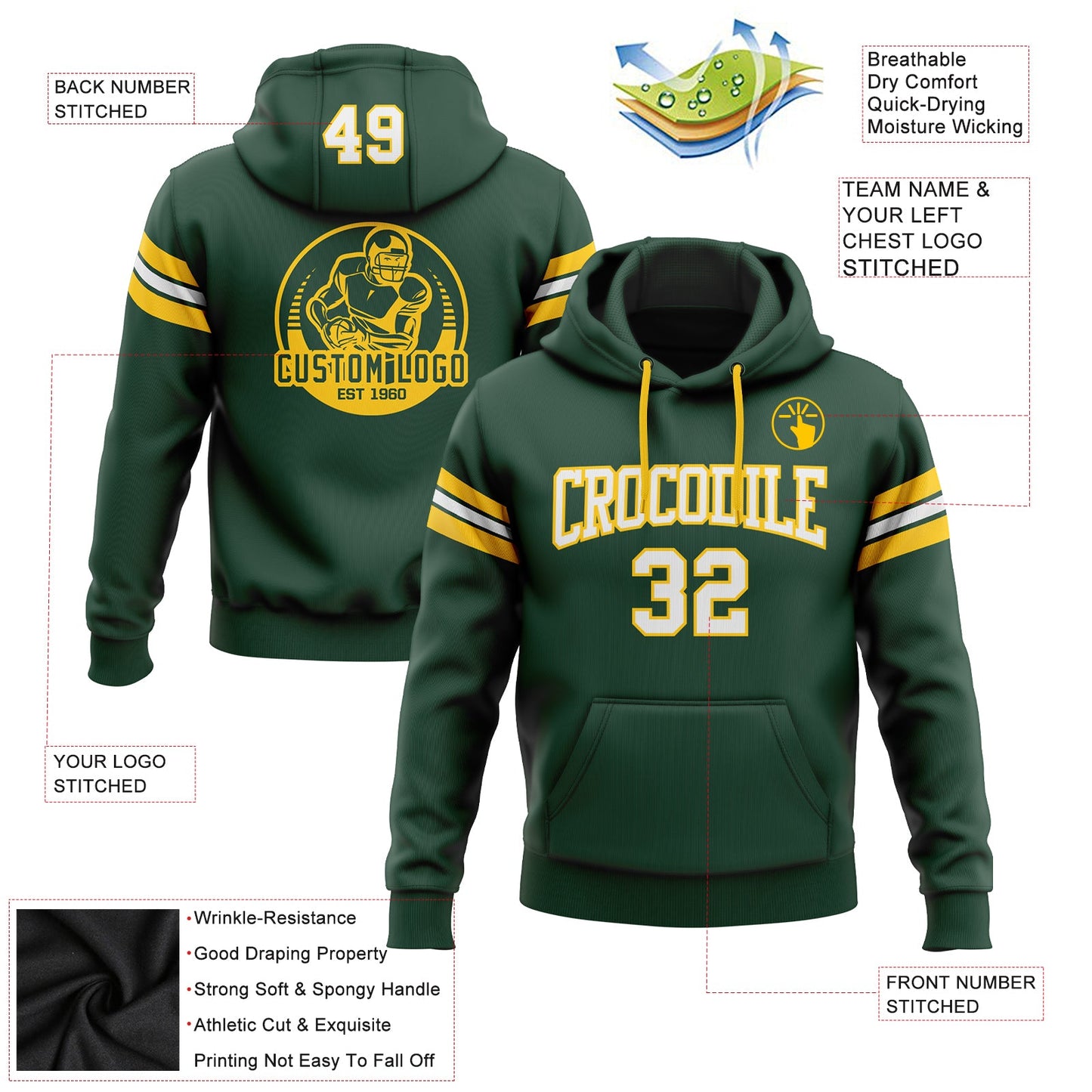 Custom Stitched Green White-Gold Football Pullover Sweatshirt Hoodie view 2