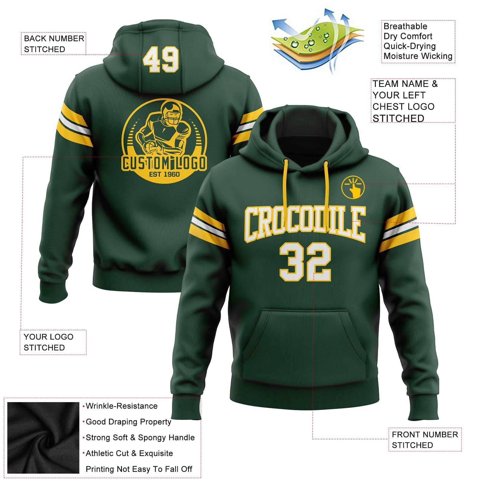 Custom Stitched Green White-Gold Football Pullover Sweatshirt Hoodie view 2