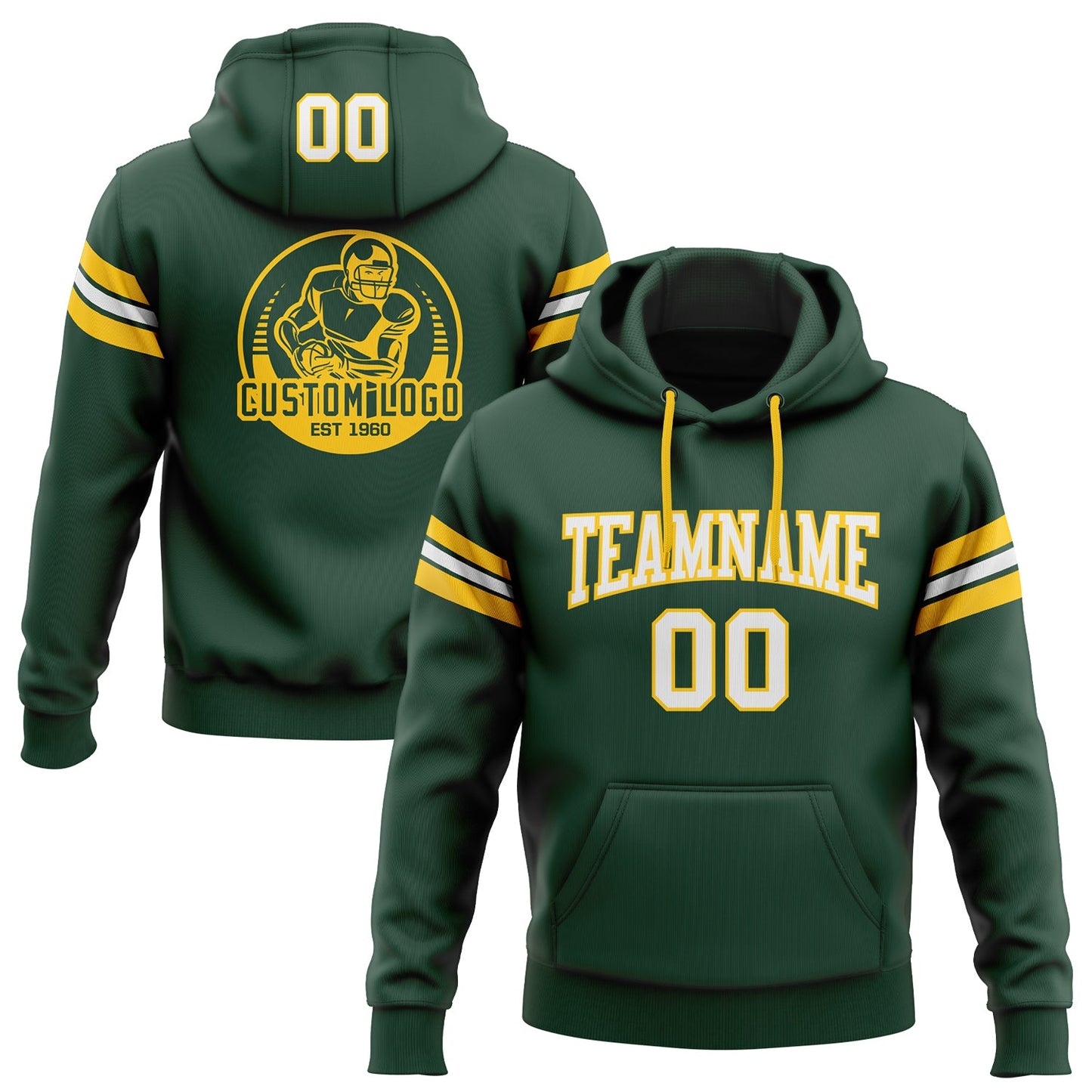 Custom Stitched Green White-Gold Football Pullover Sweatshirt Hoodie - Main View