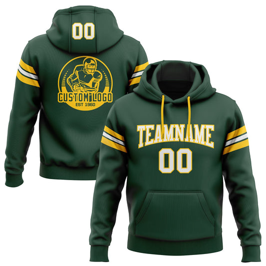 Custom Stitched Green White-Gold Football Pullover Sweatshirt Hoodie - Main View