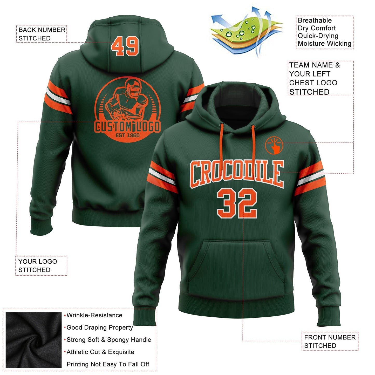 Custom Stitched Green Orange-White Football Pullover Sweatshirt Hoodie view 2