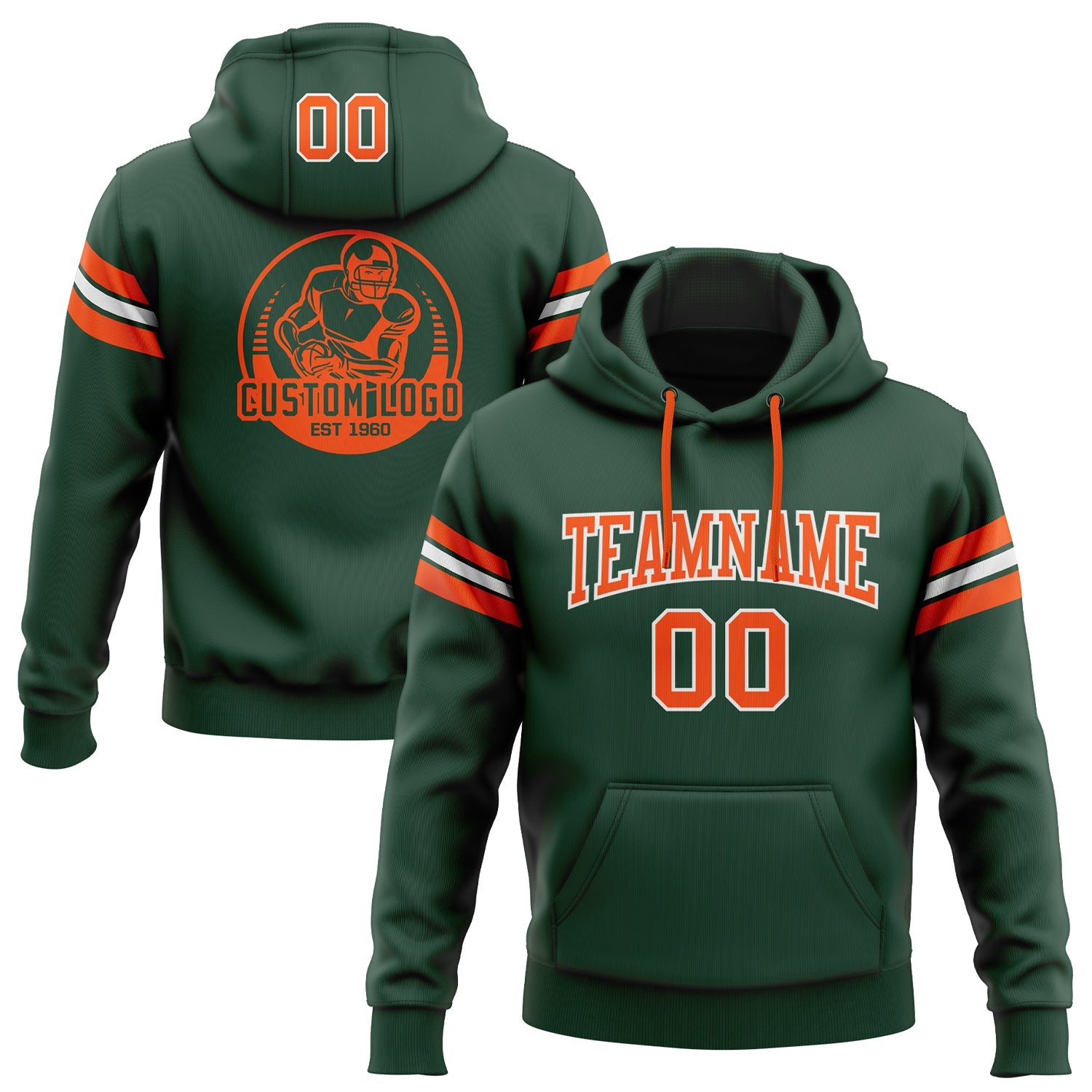Custom Stitched Green Orange-White Football Pullover Sweatshirt Hoodie - Main View