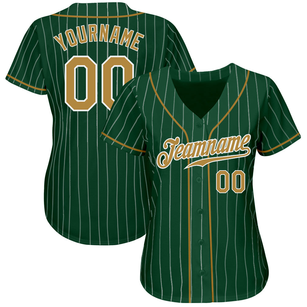 Custom Green White Pinstripe Old Gold-White Authentic Baseball Jersey view 2