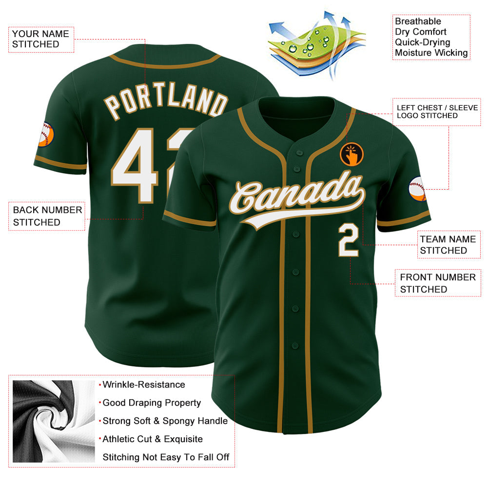 Custom Green White-Old Gold Authentic Baseball Jersey view 3