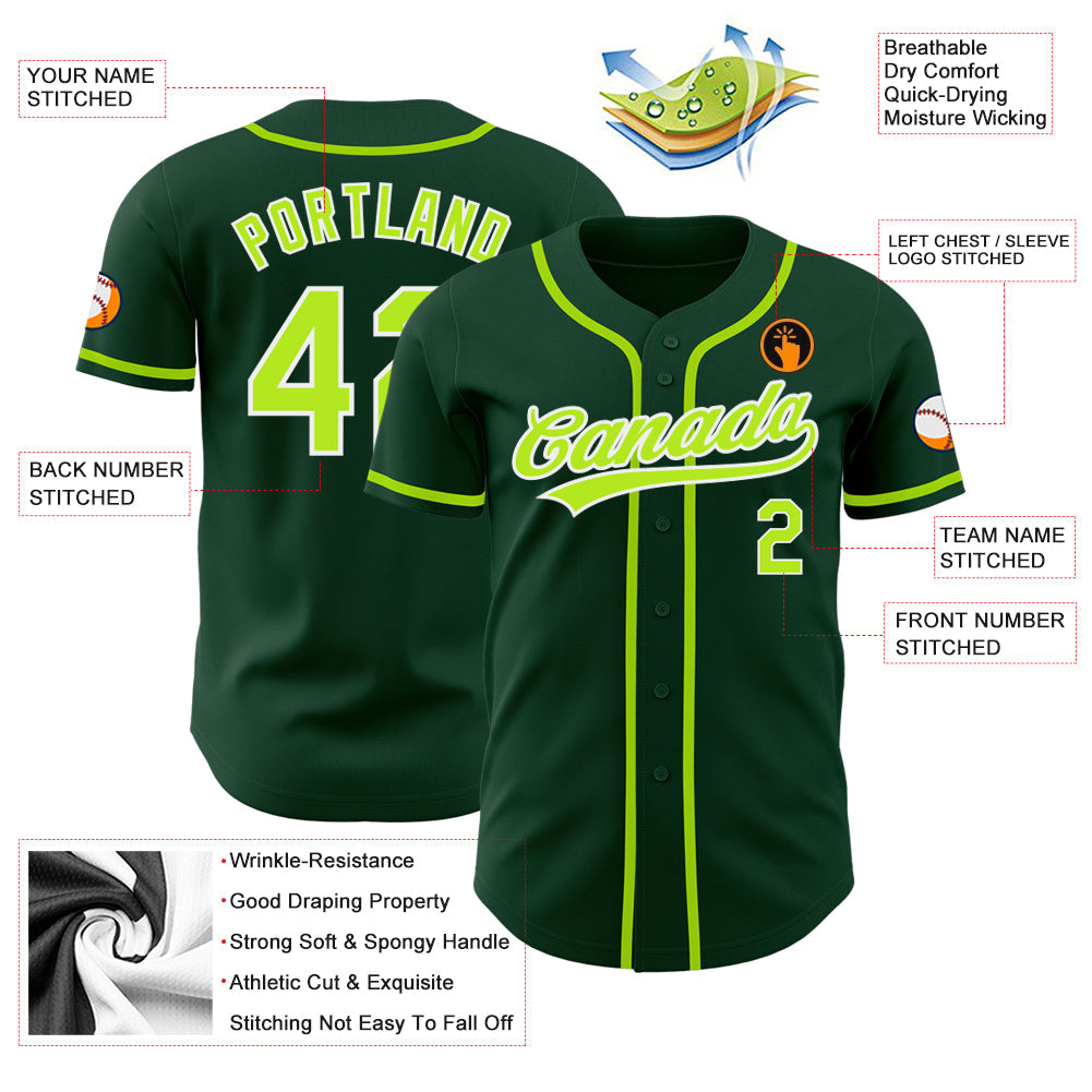 Custom Green Neon Green-White Authentic Baseball Jersey view 3
